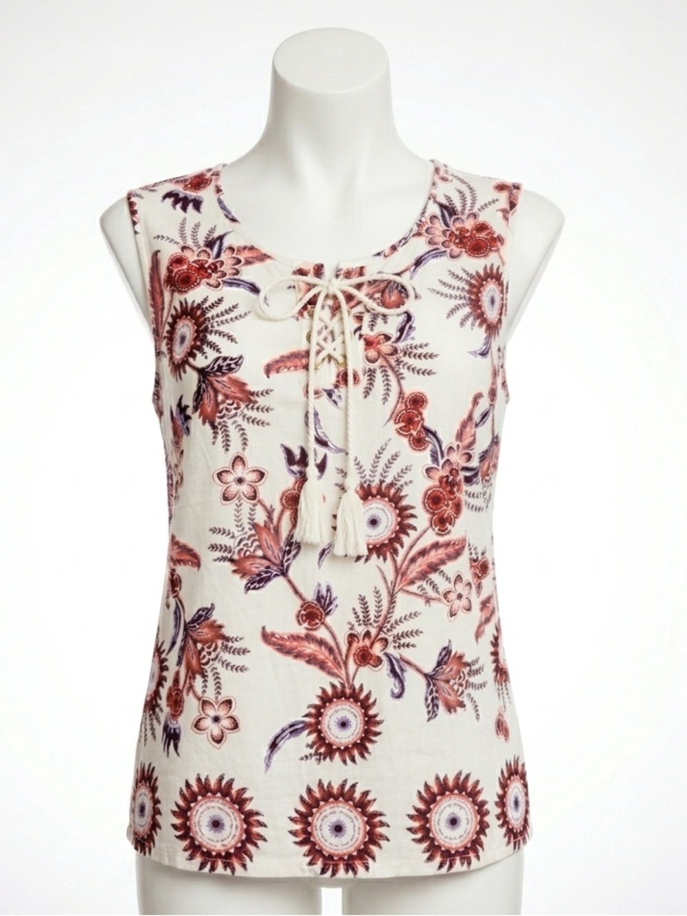 Westport 1962 Boho Floral Lace Up Tunic Top Sleeveless Tassel Ties Festival Sz S